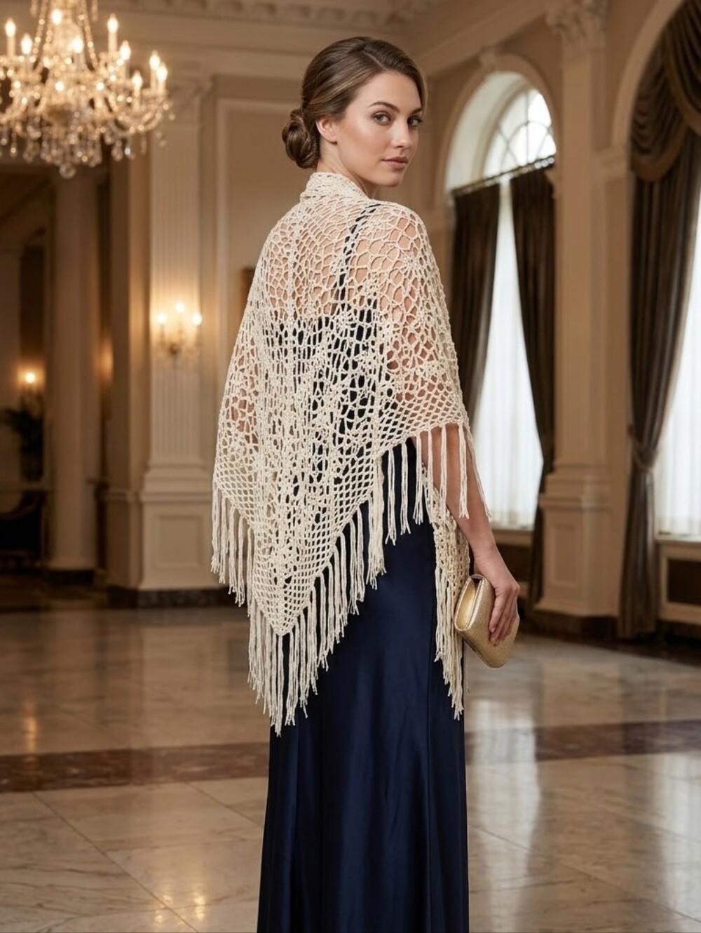 Handmade Cream Crochet Fringed Shawl Wrap 64x35 Boho Evening